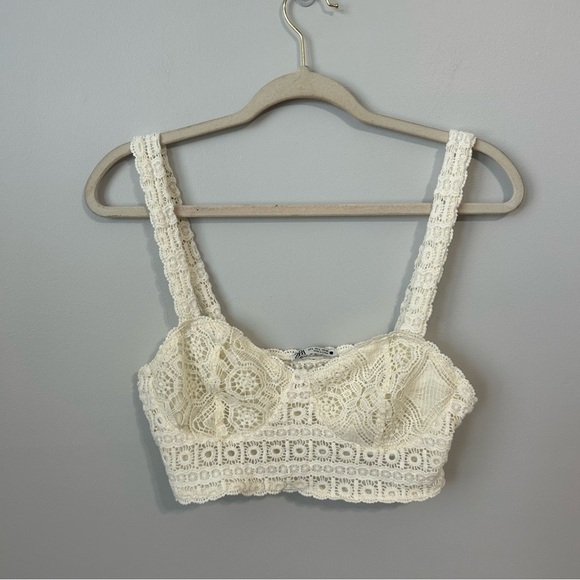 Zara Crochet Cream Ivory Crop Top Bralette Sweetheart Neckline Women’s Large - Picture 2 of 6